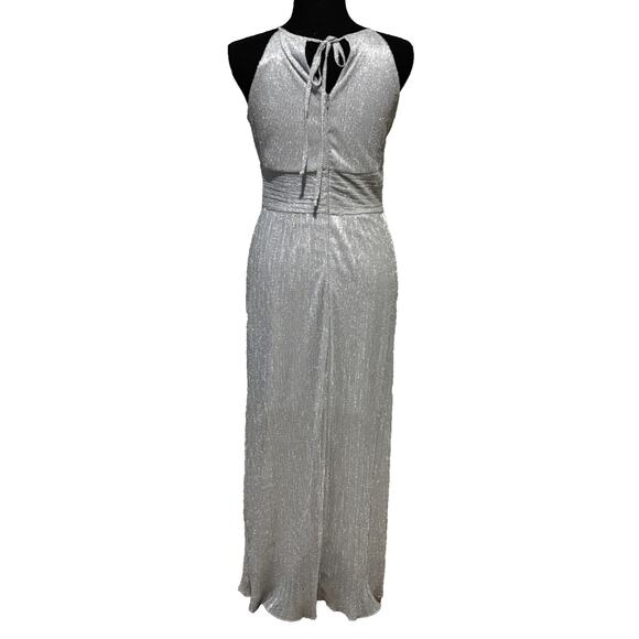Silver Metallic Maxi Halter Keyhole Formal Prom Cocktail Dress Sz 8 Glam Holiday - Picture 2 of 12